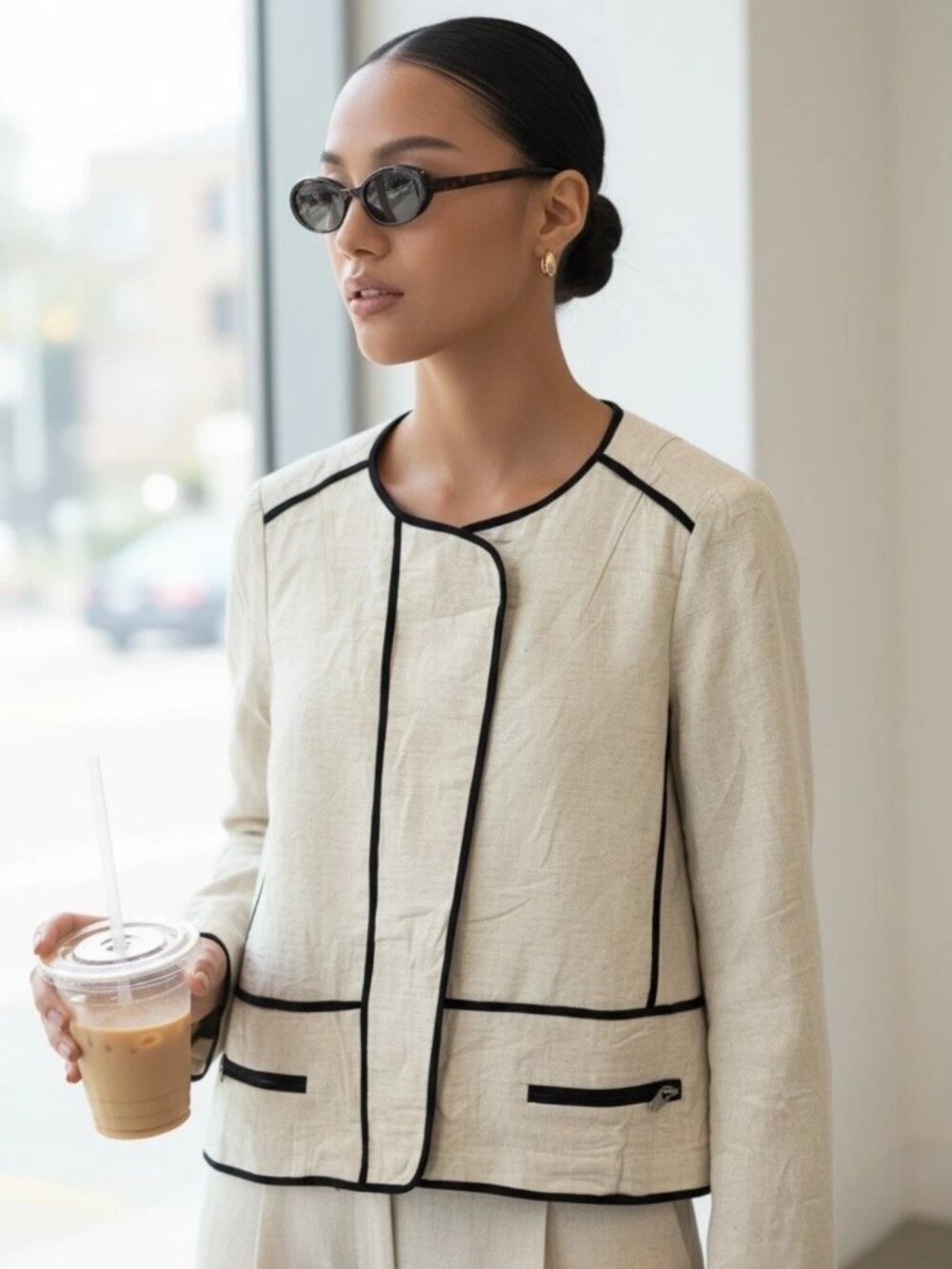 Zara Basic Linen Blend Jacket Collarless Contrast Piping Cream Zip Parisian L